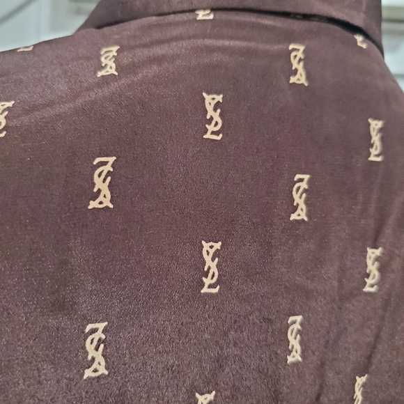 Vintage Yves Saint Laurent YSL Brown Silk Logo Long Sleeve Button Up Blouse sz12 - Picture 4 of 8